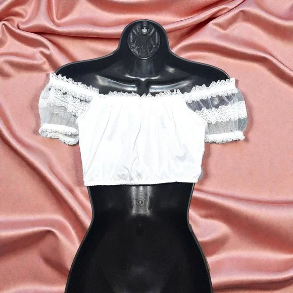 New White Large Ruched Off Shoulder Lace Trim Crop Top Dirndl Blouse Oktoberfest - Picture 5 of 5